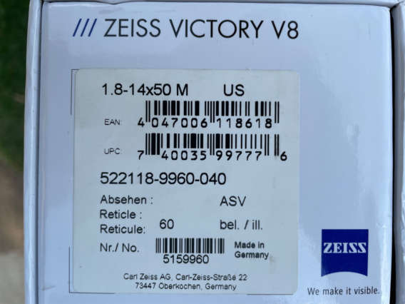 Zeiss Victory V8 1.8-14x50 ASV/BDC Rail Mount box